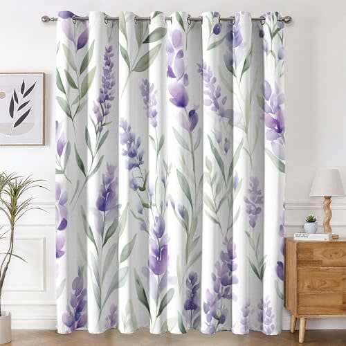 Lavender Flower Black Out Curtains 72 Inch Long, Spring Flower Curtains for Living Room 2 Panels Set, Purple Floral Patterned Window Drapes Eyelet Curtain Q&-19