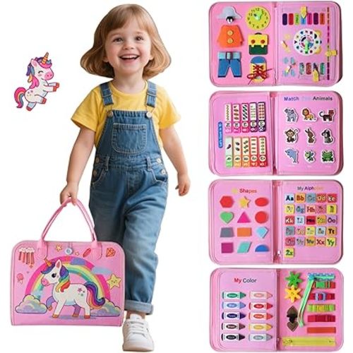 Montessori Toddler Busy Board Toys, Girls Unicorn Learning Sensory Toy, Toddler Travel Toy, Children's Educational Activity Busy Book, Birthday Gift (Pink)