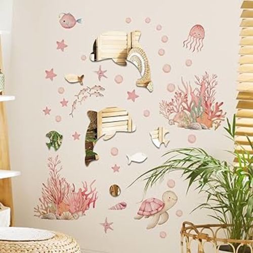 Underwater Ocean Animals Wall Stickers, Acrylic 3D Mirror Ocean Fish Wall Decals Watercolor Peel and Stick Murals for Kids Bedroom Bathroom Decor (Pink Sea Animals)