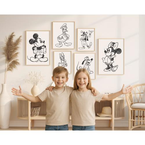 Mickey Mouse Minnie Mouse Donald Daisy Goofy and Pluto Wall Art Print, Modern Minimalist Nursery Room Decor, Printable