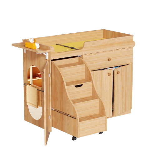 Advwin Baby Changing Table with Pull-Out Stairs, Diaper Changing Station with Waterproof Pad & Safety Strap, Nursery Changing Table with Drawer, Cabinet & Acrylic Mirror, Left Stairs