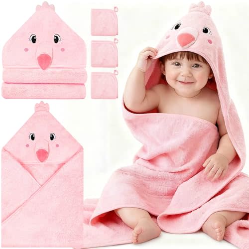 4 Pcs Baby Towels and Washcloths Set, Hooded Baby Towel, Soft and Absorbent Baby Bath Towels, 32x32 in Baby Towel with Hood and 3 Pcs Baby Washcloths for Boys and Girls (Pink Flamingo)