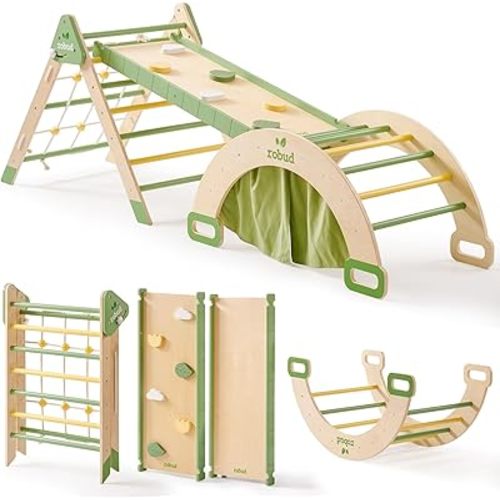 ROBUD 7 in 1 Pikler Triangle Set, Foldable Wooden Climbing Toys for Toddlers, Montessori Foldable Climbing Set with Rope Net, Ramp and Arch Climber for Girls & Boys