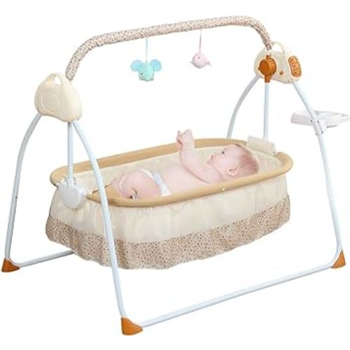 Foldable Baby Cradle Swing, Bluetooth Electric Auto-Swing Baby Cradle Crib, Adjustable 5 Speed Infant Rocking Chair Bed with Remote Control for 0-18 Months Newborn