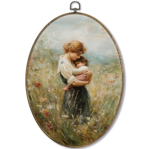 Fewgb Mother Child Baby Nursery Oval Wall Art Decor Framed, Vintage Cottagecore Canvas Wall Art Prints for Kids Room, Wildflower Floral Mother's Day Hanging Room Decor Picture Artwork 9x12
