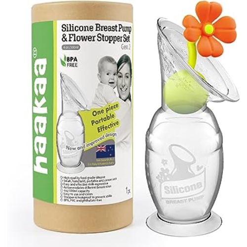 haakaa Manual Breast Pump Silicone Breast Pump Milk Saver Milk Pump with Suction Base and Flower Stopper 100% Food Grade Silicone BPA Free (4oz/100ml) (Orange)