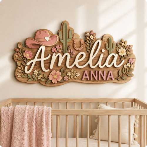 Personalized Wooden Nursery Name Sign, Cowgirl Wildflower Wall Decor with Cactus for Baby Girl Room, Custom First and Middle Name