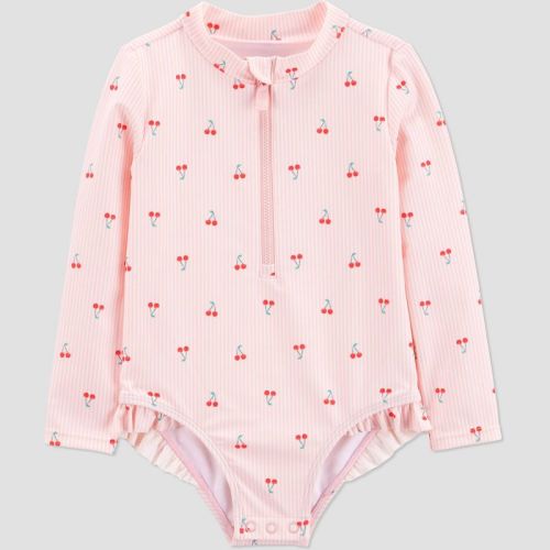 Carter's Just One You® Toddler Girls' Long Sleeve Cherry Striped One Piece Rash Guard Swimsuit - Pink 12M