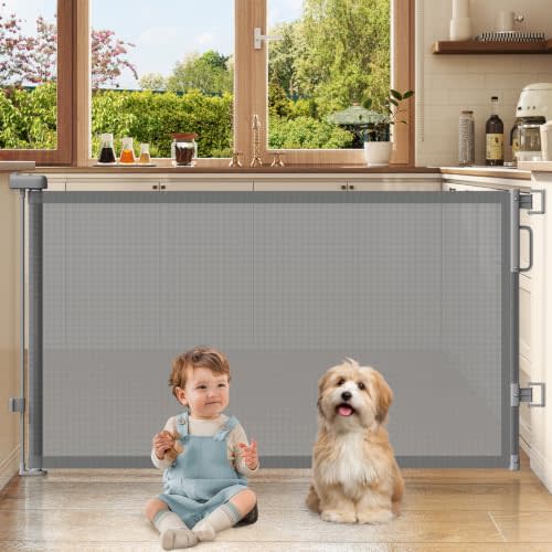 Retractable Baby Gates for Doorway, 58" Wide Mesh Dog Gate for Stair | 34" Tall Toddler Pet Gate Extra Wide Indoor and Outdoor, Easy Install, Essential for Home Safety, Gray