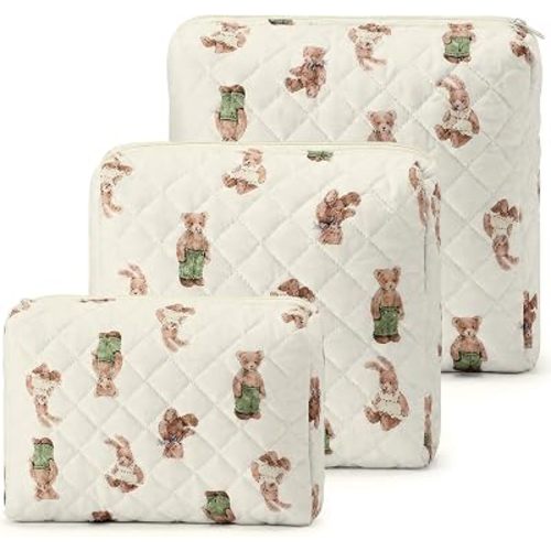 3 Pack Diaper Bag Organizer Pouch Set Quilted Cotton Cute Bear Diaper Pouches Fabric Coquette Cosmetic Makeup Bag Set Soft Toiletry Bags Travel Organizer Bags for Women and Girls