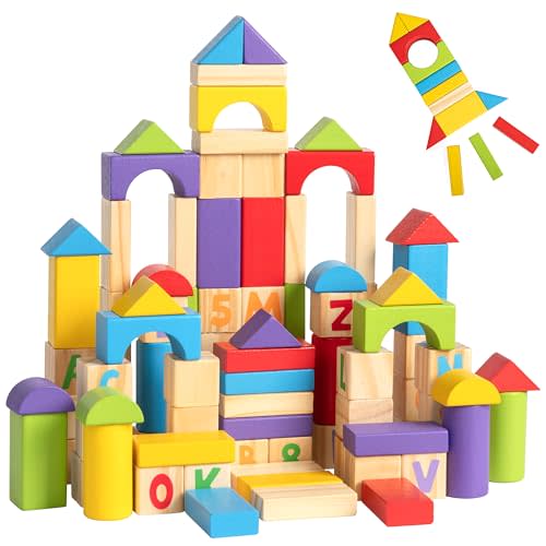 MOMOARI Alphabet Number Wooden Building Blocks Set -100 Blocks in 5 Water Paint Colors and 7 Shapes. Preschool Montessori Kids Baby Toys. Stacking Learning Toys for Toddlers. Age 18 Months +