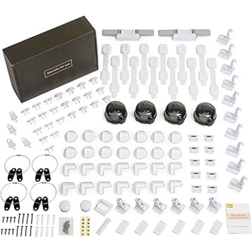 Baby Proof Kit, 112 Packs Baby Proofing Essentials - Magnetic Cabinet Locks, Corner Guards, Outlet Covers, Furniture Straps, Door Lever Lock - Child Safety Kit for Cabinets, Stove, Furniture