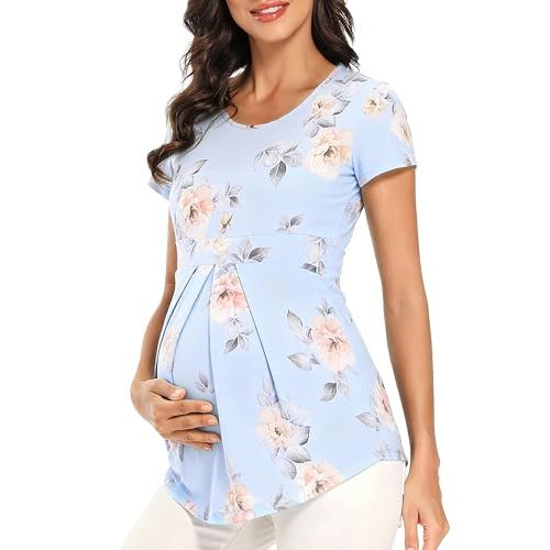 Glampunch Maternity Tops, Front Pleat Peplum Tunic Top Pregnancy Shirts | Soft stretch fabric, round neck, bump-friendly drape, short sleeves & 3/4 sleeve, pairs with leggings, jeans or shorts