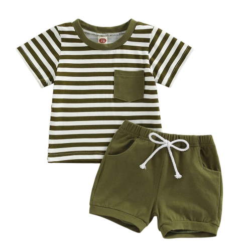 Xudanell Boy Baby Clothes Plaid Top with Embroidered Pockets Elastic Waist Short Set Suits for Boys Green 6-12 Months