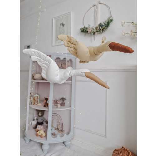 Hanging Flying Swan, Beige Stuffed Bird Pillow, Baby Animal Mobile, Nursery Plush Decoration, Baby Shower Gift, Swan Toy, Nursery Decor