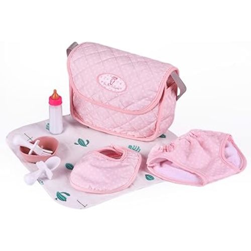 BABESIDE 8 Pcs Baby Doll Diaper Bag Set for 17-22 inch Dolls, Baby Doll Feeding Accessories with Disappearing Milk Toy Baby Bottle and Spoon Fork Bowl for Pretend Play Toys, Pink