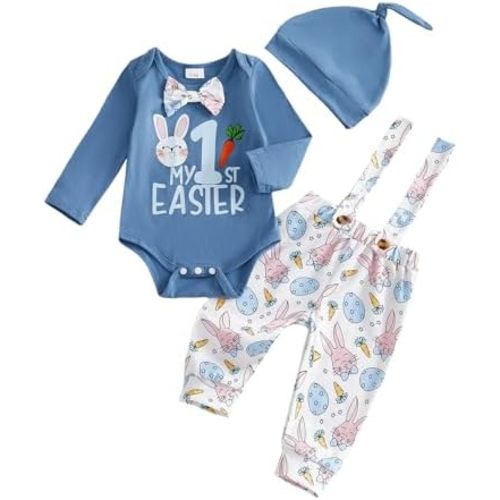 Amnnchya My First Easter Baby Boy Outfit Gentleman Rabbit Romper Shirt Tops Bunny Overalls Pants Newborn Hat 3pcs Set