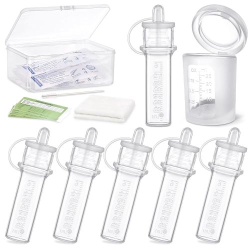 haakaa Silicone Colostrum Collector (0.2oz./6ml,6pcs) & Lidded Cup (0.75oz./25ml) Pack - Collect, Store & Feed Colostrum Ready-to-Use Pack, Reusable Colostrum Syringes Set for Liquid Gold
