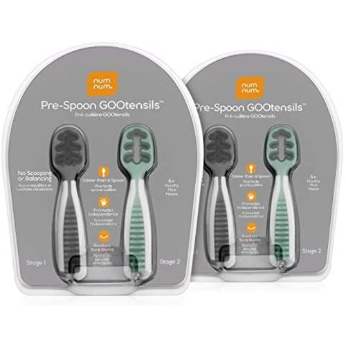 NumNum GOOtensils 2-Pack | Baby Spoon Set (First Stage + Second Stage) | BPA Free Silicone Self Feeding Baby + Toddler Utensil | #1 Doctor Recommended Baby Led Weaning Spoon for Kids Ages 6 Months+