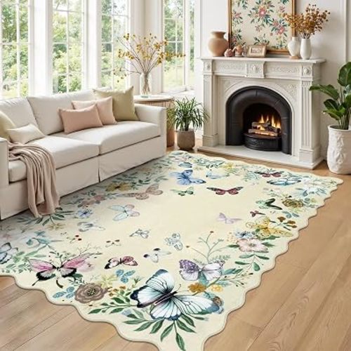 Washable Scalloped Butterfly 5x7 Area Rug, Soft Non-Slip Floral Rugs for Girls Bedroom Low Pile Beige Modern Living Room Rug, Botanical Indoor Carpet for Nursery Playroom Dining Room