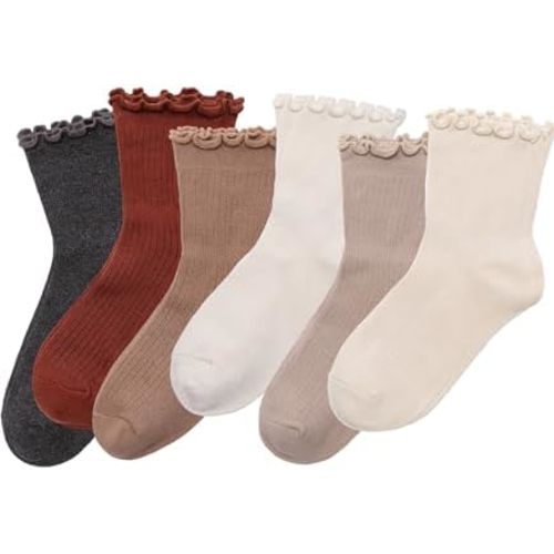 Cute Ruffle Ankle Socks for Women, 6-Pack Frilly Cotton Lettuce Edge, Mary Janes Casual Office Dress