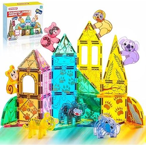 SYNCFUN Magnetic Building Tiles Jungle Animal Set for Kids, 50PCS Including 7 Cute Animals, Educational STEM Toy for Boys & Girls Ages 3-5 4-8, Christmas Birthday Party Gift for Toddlers