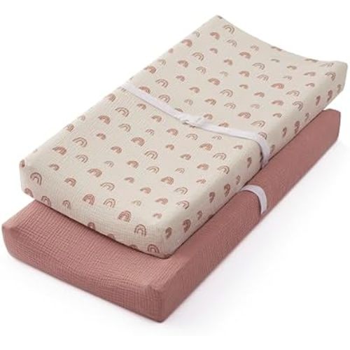 Blissful Diary Muslin Changing Pad Cover for Girls Boys, Ultra Soft Breathable Cotton, Baby Diaper Change Table Pad Covers, 2Pack (Dusty Pink&Rainbow)
