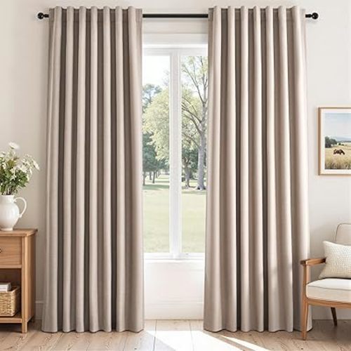 Natural Beige blackout curtains 84 inch Long 2 Panels 100% Blackout Linen Texture Curtain Window Drapes with Back Tab Rod Pocket Light Blocking Thermal Insulated Curtains for Bedroom Living Room