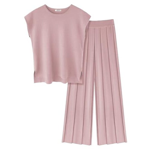 Ekouaer Lounge Sets for Women Two Piece Outfits Knit Cap Sleeve Tops Wide Leg Pleated Pants Casual Dressy Sweater Sets