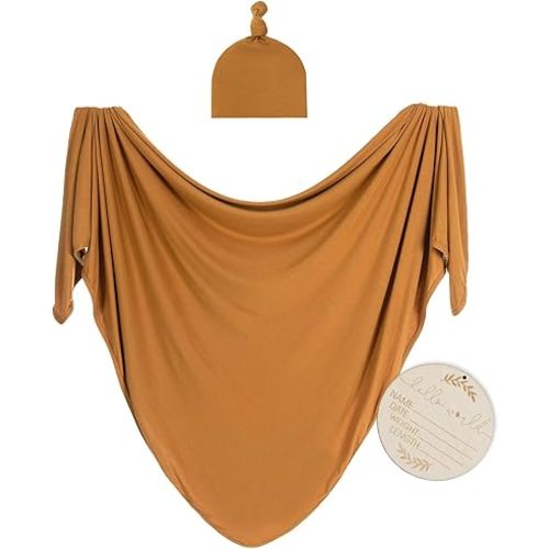 Large Jersey Knitted Swaddle Blanket for Baby, Soft Stretchy Receiving Blanket for Newborns with Hat, Baby Nursery Swaddle 47 x 47 inches(Copper)