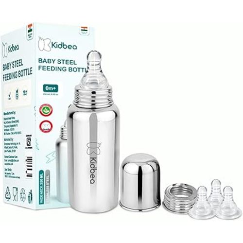 Kidbea Stainless Steel Infant Baby Feeding Bottle, BPA Free, Anti-Colic, Plastic-Free, Medium-Flow with Extra Nipples, 250 ML