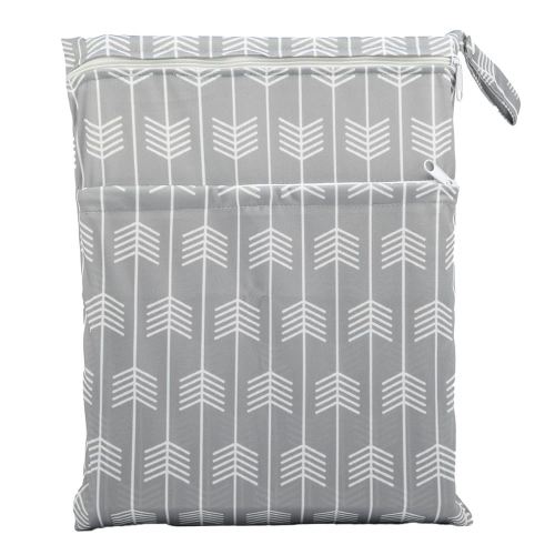 Medium Wet Dry Bag Baby Cloth Diaper Nappy Insert Bag Reusable Washable With Two Zippered Pockets (Grey Arrow)