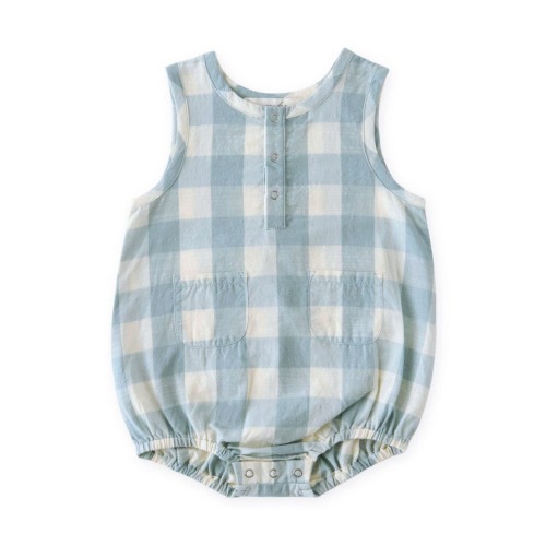 Gingham Check Patch Pocket Organic Cotton Bubble Romper