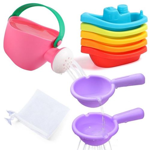 Etokfoks 8pcs Baby Bath Toys Set with 5 Floating Boats 1 Watering Can 2 Bath Spoons 1 Storage Net for Kids Ages 1 3 Mold Free