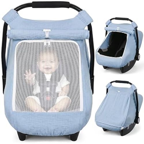 Rquite Car Seat Cover Baby Girl Boy, 100% Muslin Cotton Carseat Covers, Breathable Infant Windproof Canopy with Mesh Window, Stroller Sun Shade for Summer & Hot Day, Baby Blue
