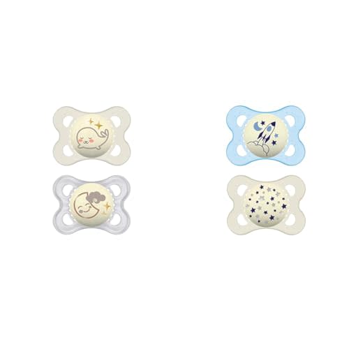 MAM Night Pacifiers with Glow-in-Dark Buttons, 0-6 Months, Breastfed Baby Pacifiers, Unisex, Includes Sterilizing Case and 2 Pacifiers