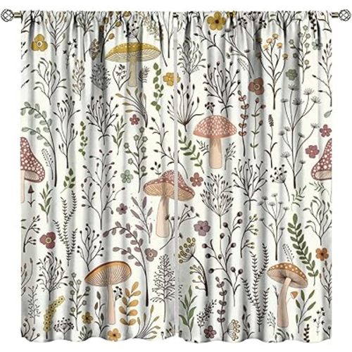 Bohemian Mushroom Curtains,Vintage Room Dreamy Beige Cartoon Abstract Country Leaves Flowers for Bedroom Living Farmhouse Botanical Garden 42" W X 45" L