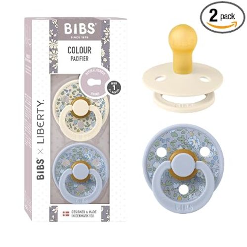 BiBS Liberty Pacifier 2-Pack, BPA Free Pacfiers with Natural Latex Round Nipple, Made in Scandinavia, Size 1 (0-6 Months), Eloise Dusty Blue