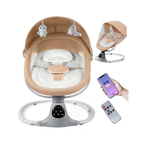 Electric Baby Swing for Infants to Toddler, Portable Swing Baby Rocker with 5 Point Harness, 5 Sway Speed, Bluetooth,12 Preset Lullabies with Remote Control, Infant Swing for Baby Boys & Girls, Khaki
