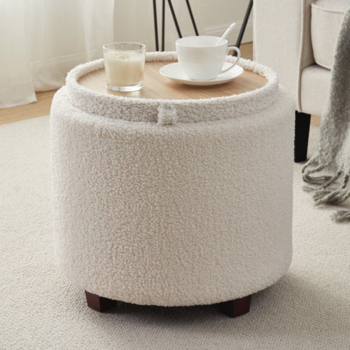Ebern Designs Round Boucle White Storage Ottoman with Reversible Coffee Table Lid | Wayfair