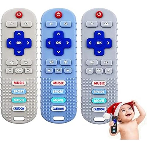 3 Pack Remote Control Shape Silicone Teethers for Babies Chew Toys, Teething Toys for Infant Toddlers,Baby Remote Control Toy (Blue&Grey&Beige)