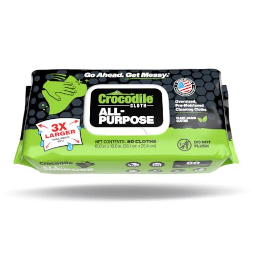 Crocodile Cloth All-Purpose Cleaning Wipes – 80 Count, 15"x10" Extra Large Plant-Based Disposable Cloths – Moist, Absorbent, Safe on Skin, Multi-Surface Use