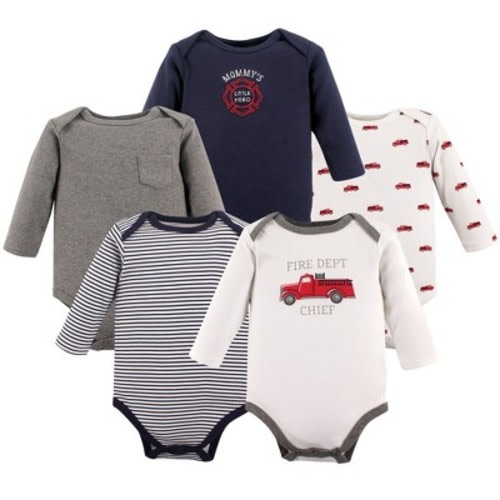Hudson Baby Infant Boy Cotton Long-Sleeve Bodysuits 5pk, Fire Truck, 6-9 Months