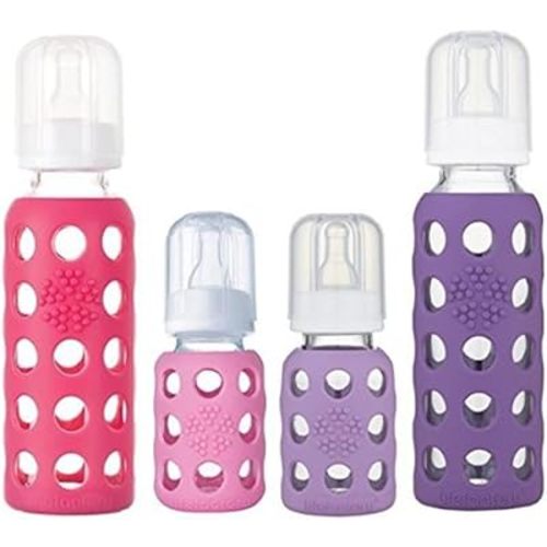 Lifefactory Glass Baby Bottle BPA Free | Protective Silicone Sleeve| 4 oz & 9 oz Pack of 4 | Pink, Raspberry, Lavender, Grape