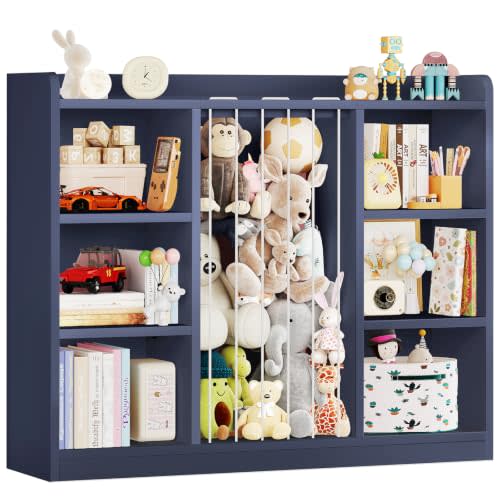 ONBRILL 2-in-1 Toy Storage Organizer with Stuffed Animal Storage, Blue | Kids Bookcase with 6 Cube Storage, Kids Bookshelf for Kids Room Playroom Bedroom, Rounded Corners & Anti-Tip