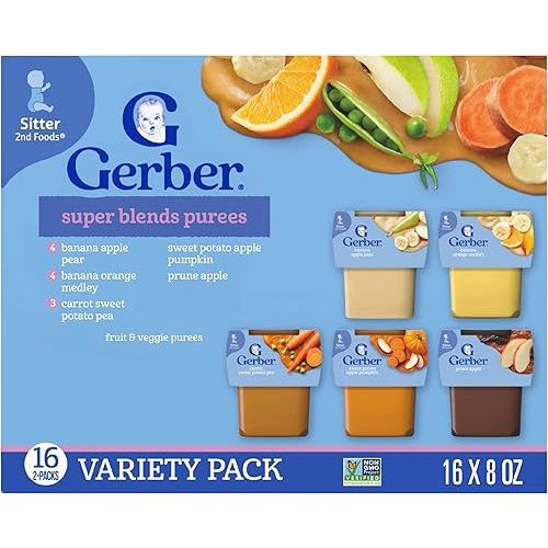 Gerber Stage 2 Baby Food, Super Blends Puree Tubs, No Added Colors or Flavors, Baby Puree, Variety 32-Pack