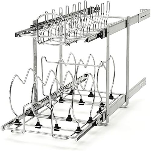 Rev-A-Shelf 2-Tier Kitchen Cabinet Pullout 11.75" Cabinet Organizer for Pots, Pans, and Lid Cookware, Adjustable Heavy Duty Wire, Chrome, 5CW2-1222-CR