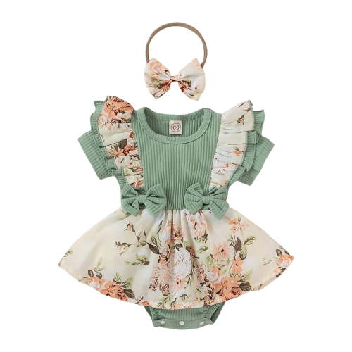 Staki Baby Dress Baby Girl Summer Lightweight Cotton Romper Dress One-Piece with Embroidery Lace Ruffles Flutter Sleeves 0-18M(Light Green,3-6 Months)