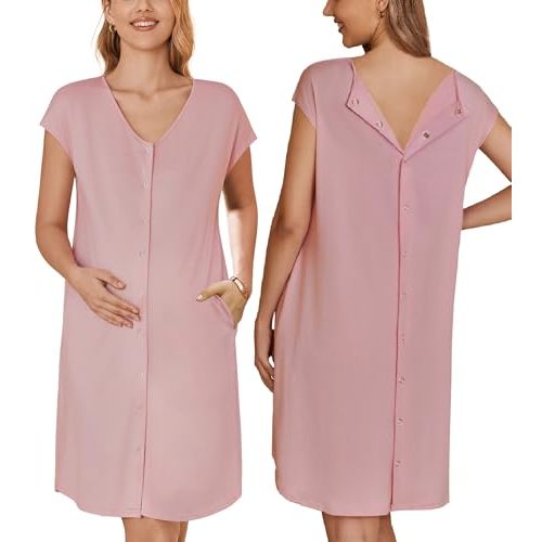 Ekouaer Labor/Delivery/Hospital Gown Nursing Nightgown Maternity Sleepwear With Pockets Postpartum Gowns with Button S-XXL