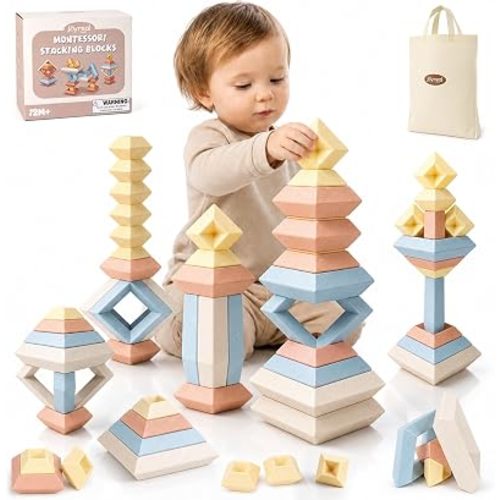 Joyreal Montessori Stacking Blocks for Toddlers 1-3,30PCS Nesting & Building Toys with Storage Bag,Educational Fine Motor Learning Toy, Preschool STEM Stacking Blocks for Boys Girls 12M+